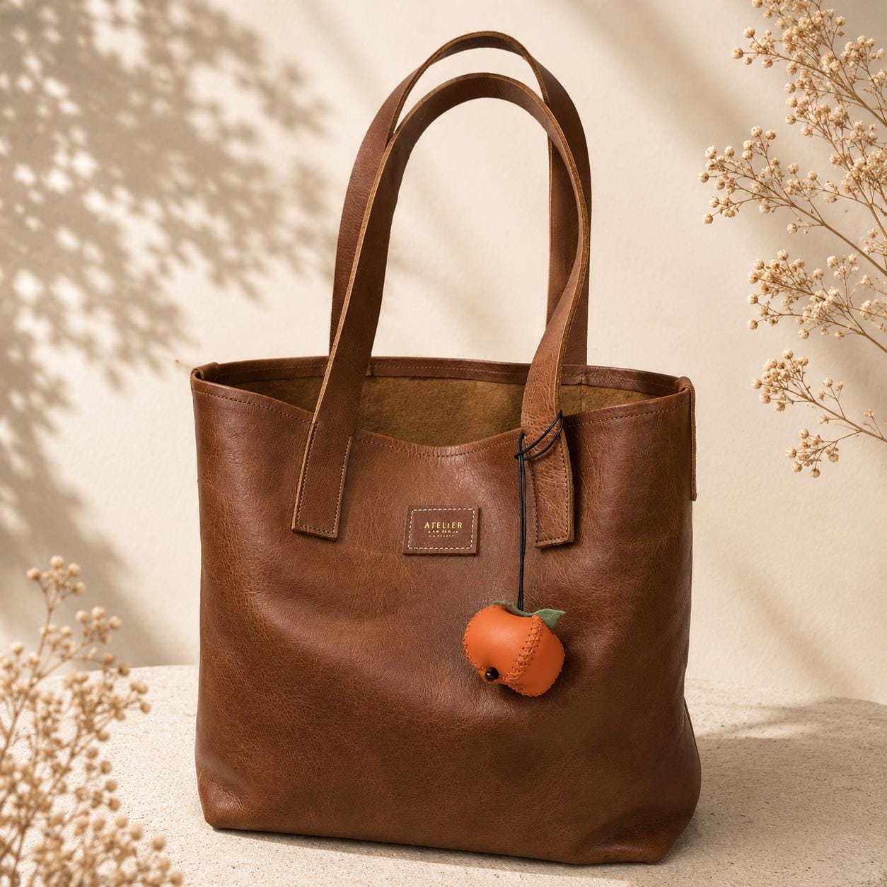 Hand-Sculpted Italian Leather Persimmon Bag Charm | Hand-Stitched Fruit Keepsake