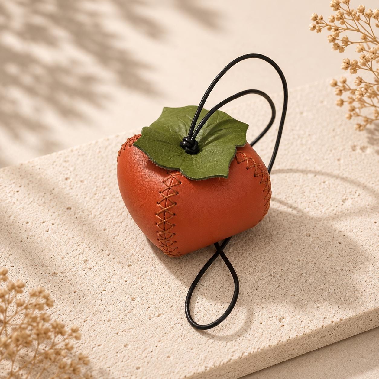 Hand-Sculpted Italian Leather Persimmon Bag Charm | Hand-Stitched Fruit Keepsake
