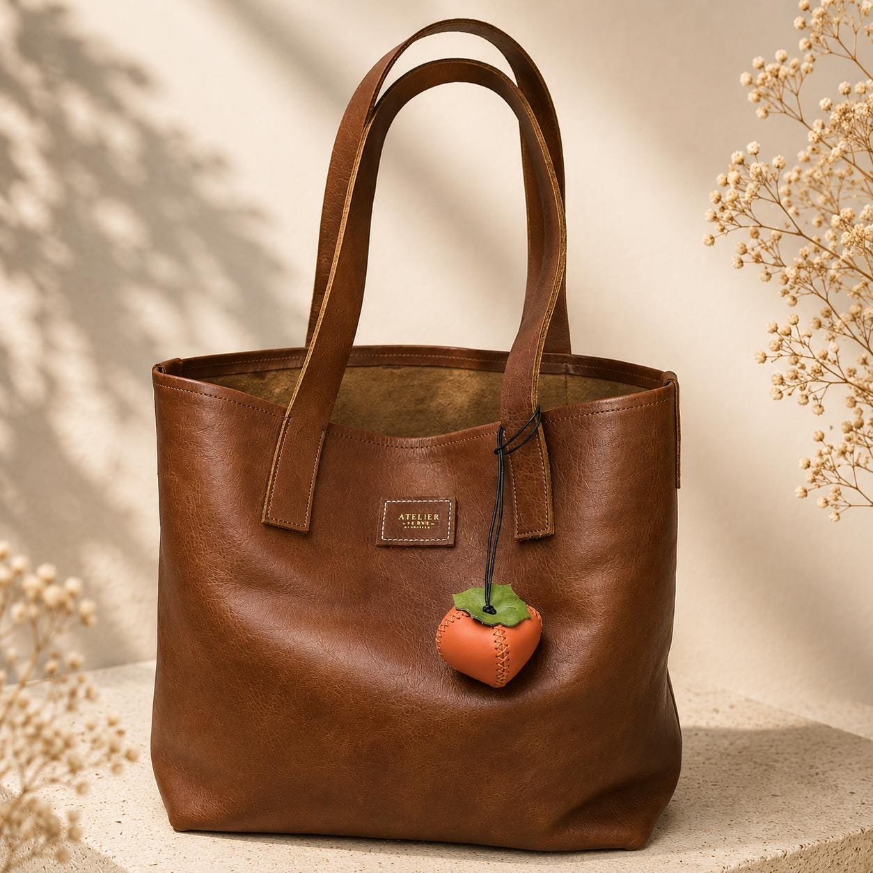 Hand-Sculpted Italian Leather Persimmon Bag Charm | Hand-Stitched Fruit Keepsake