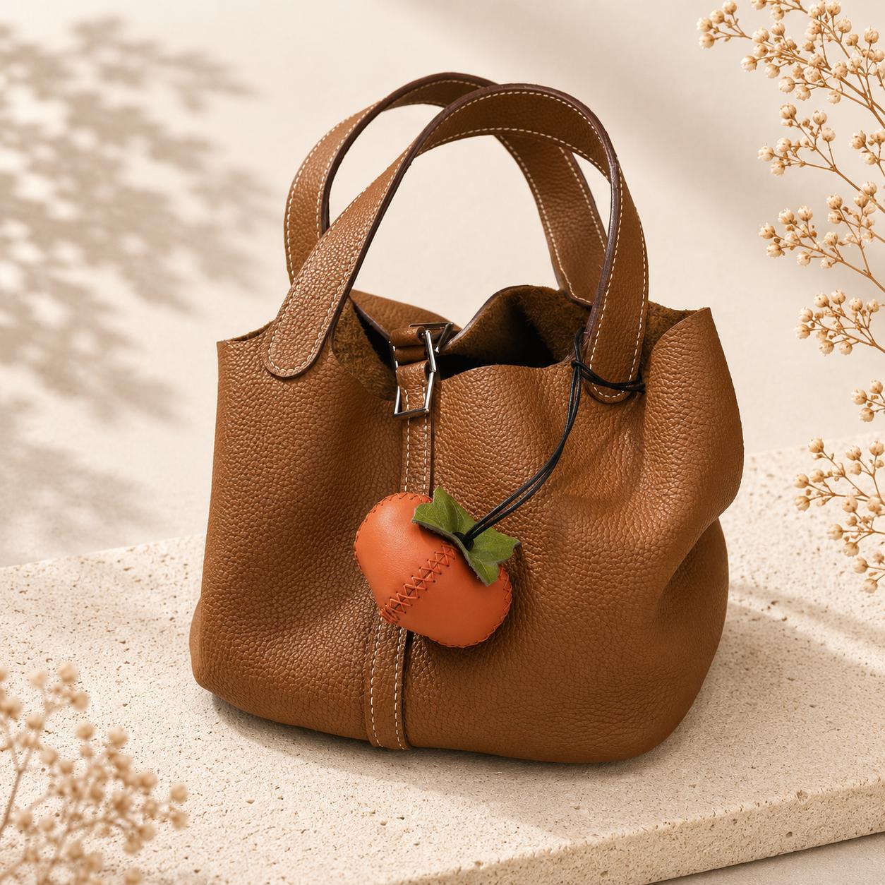 Hand-Sculpted Italian Leather Persimmon Bag Charm | Hand-Stitched Fruit Keepsake
